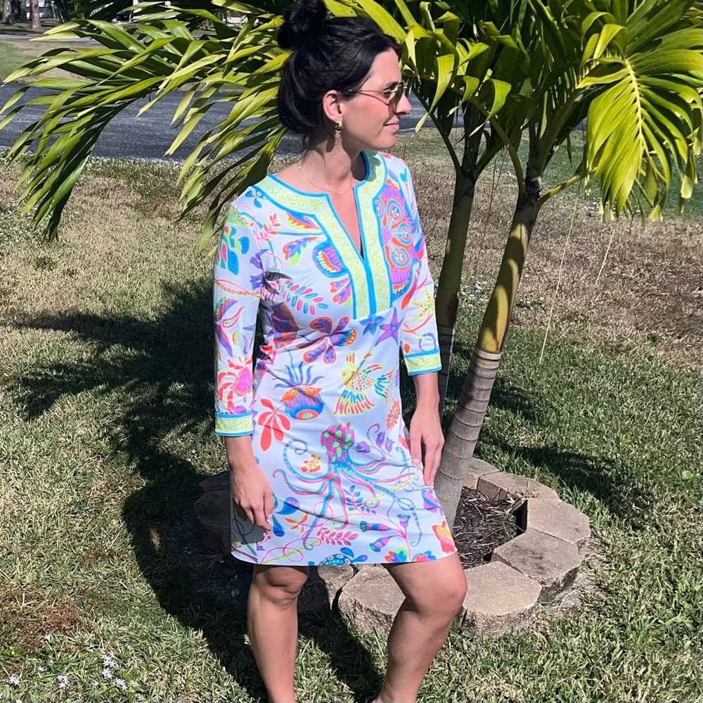 Gretchen Scott Split Neck Jersey Tropical Classy Dress, Vibrant colors Size S